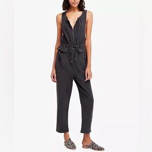 Free People Lovely Desert Cotton Utility Boiler Jumpsuit in Washed Black size 4